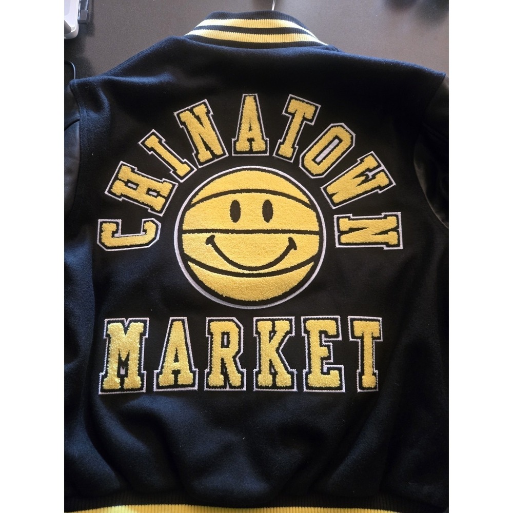 Chinatown Market Varsity Jacket L Wool Leather Smiley Basketball Pre-2021 Black